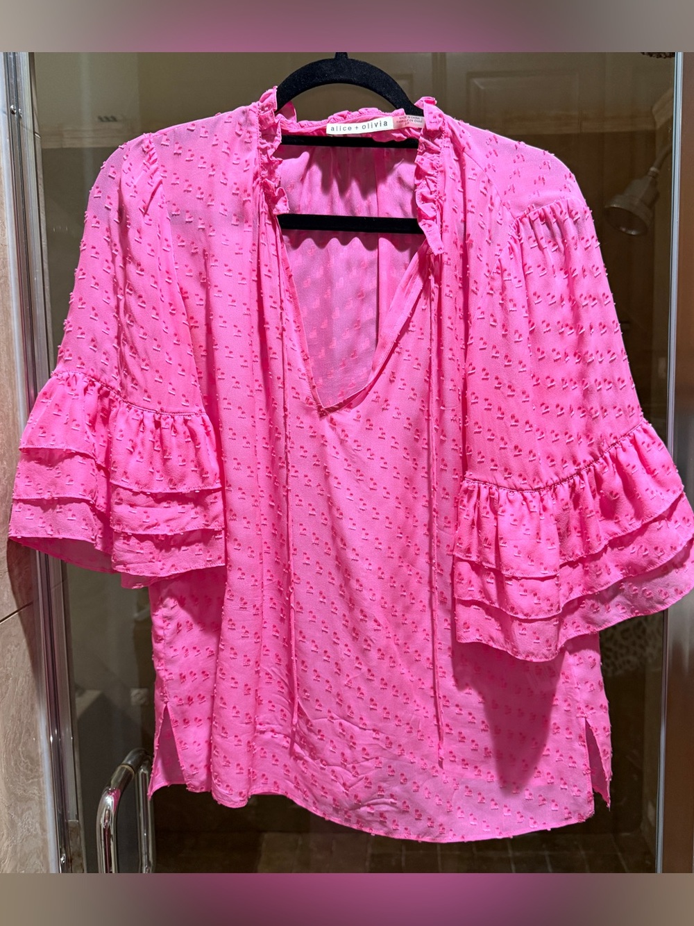 Alice + Olivia Bright Pink Ruffle-Sleeve Split-Neck Blouse